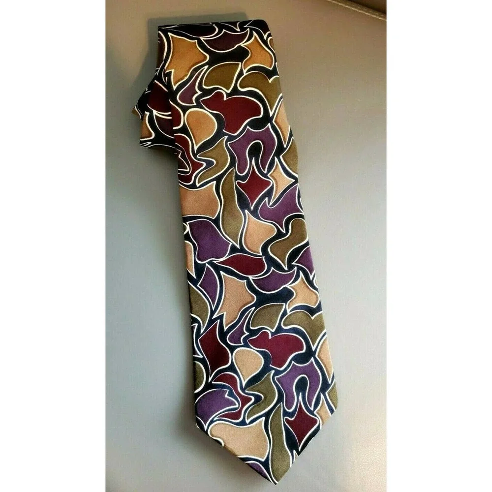 Cezani Purple Green Gold Abstract Silk Tie